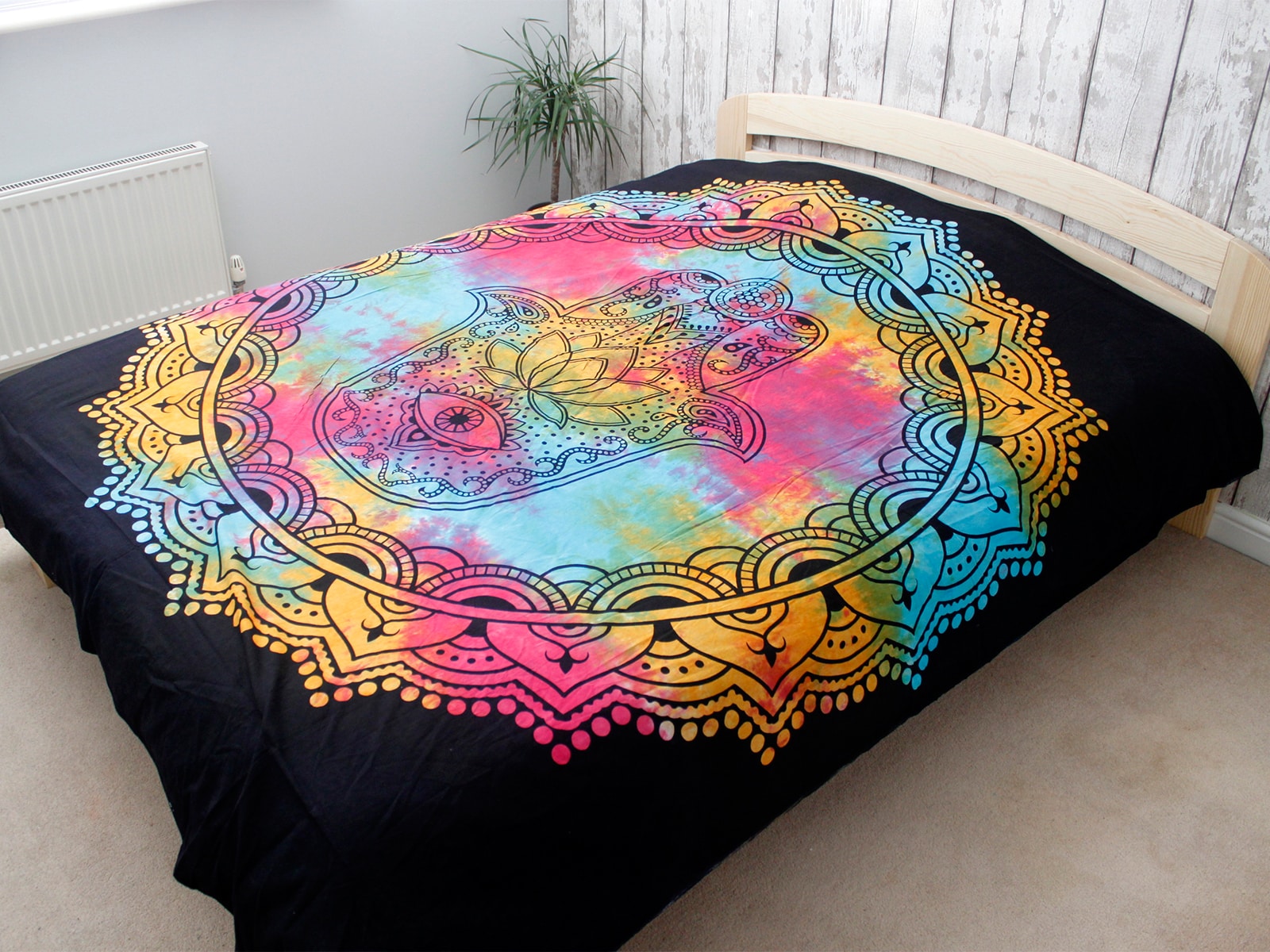 Double Cotton Bedspread + Wall Hanging - Black Hamsa-4