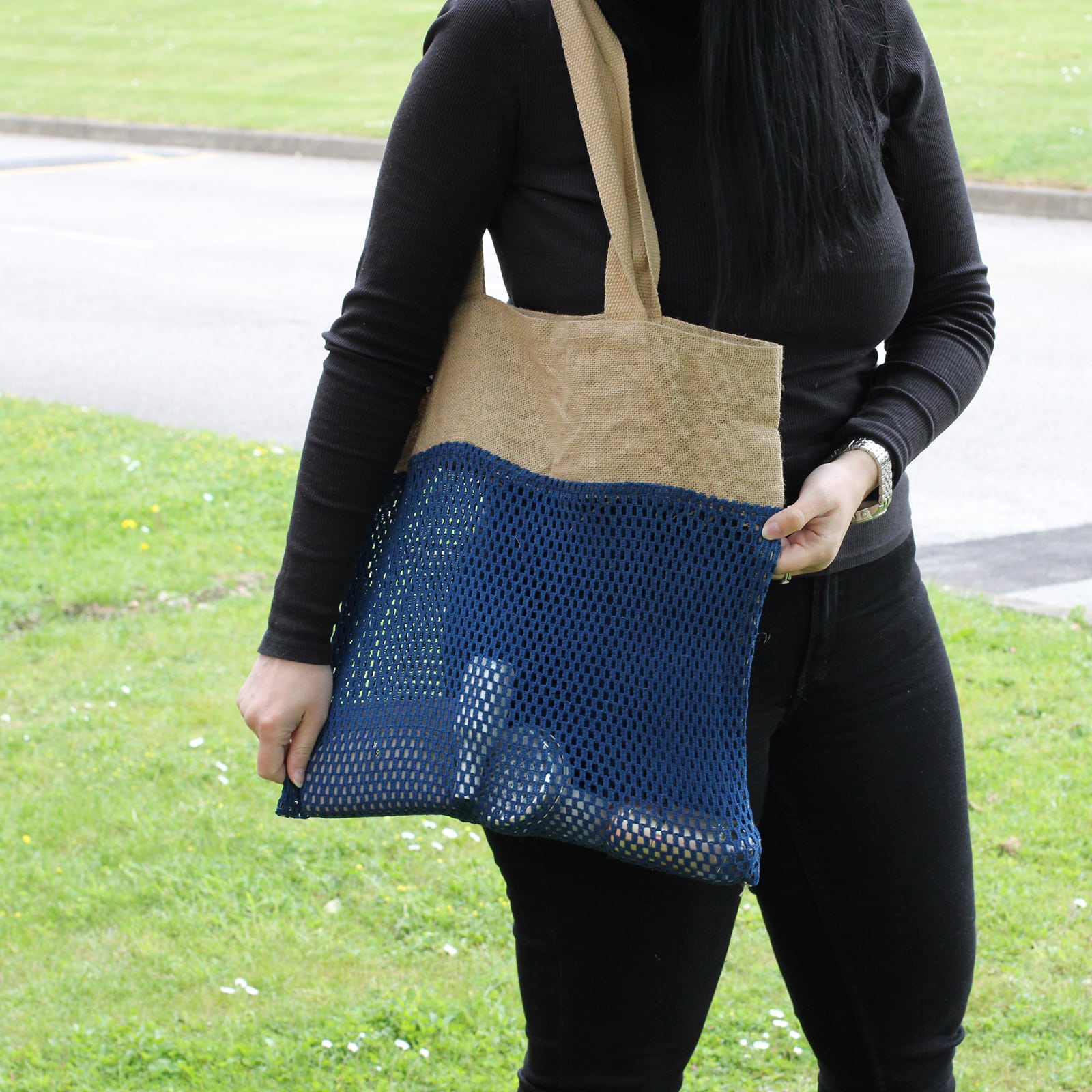 Pure Soft Jute and Cotton Mesh Bag - Denim-4
