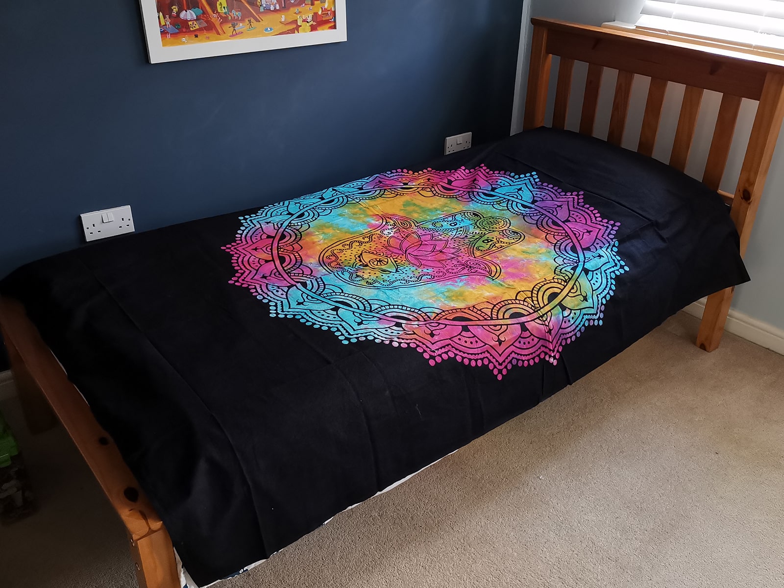 Single Cotton Bedspread + Wall Hanging - Black Hamsa-4